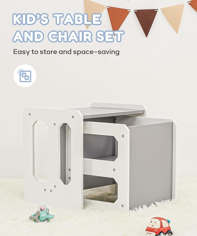 Kids Table and Chair Set, 3-in-1 Wooden Children's Furniture, Water Resistant, Easy to Clean,Toddler Weaning Table for Bedroom, Playroom, Living Room (Grey and White)