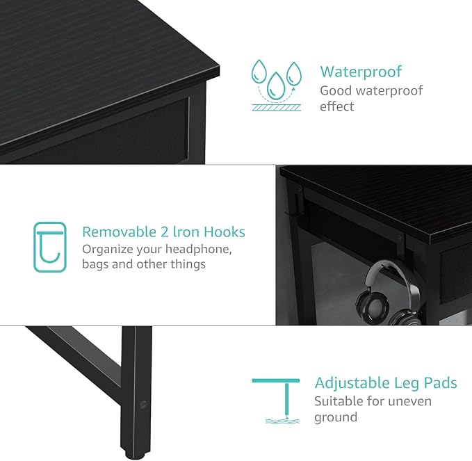 Lufeiya Gaming Desk with Fabric File Drawers Cabinet, 57 Inch Home Office Desks with Reversible Filing Cabinet Printer Stand for Small Space, Study Writing Table PC Computer Desks for Bedroom, Black