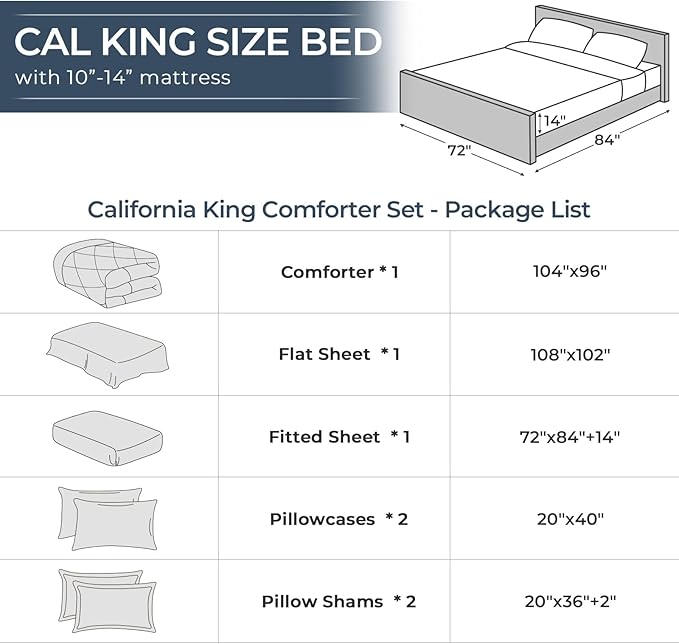 HEVUMYI California King Comforter Set - 7-Piece All Season Bed in a Bag Cali-King, Ultra Soft Bedding Set with Comforter, Flat Sheet, Fitted Sheet, Pillowcases, Pillow Shams, Dark Grey