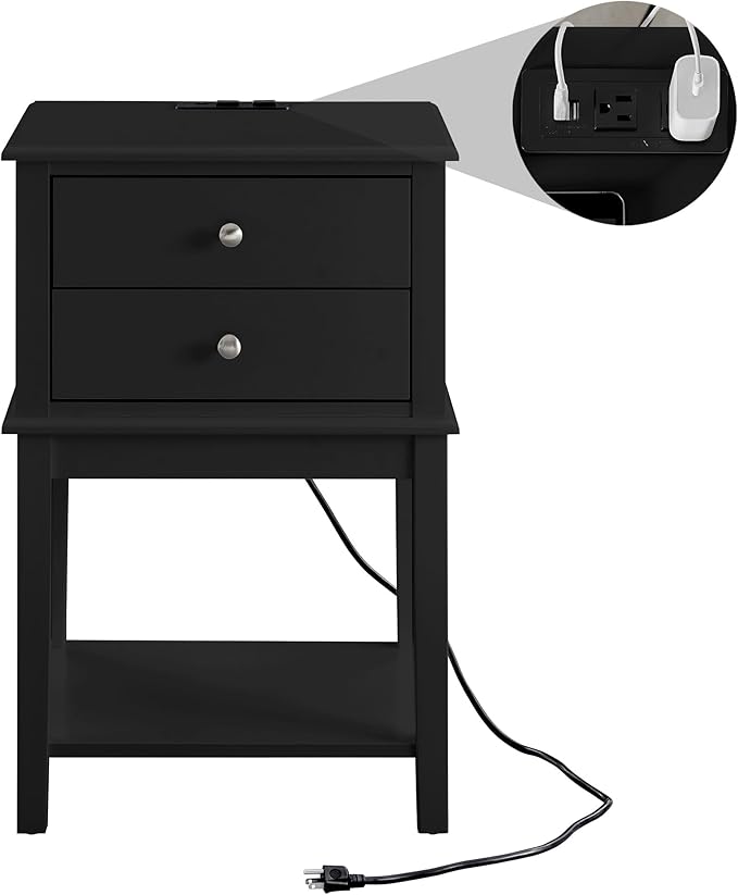conifferism Black Nightstand, 28" Tall Bedroom Night Stand with Charging Station, Large Sofa Side Table 2 Drawers, Modern Bedside End Table with USB Ports Living Room