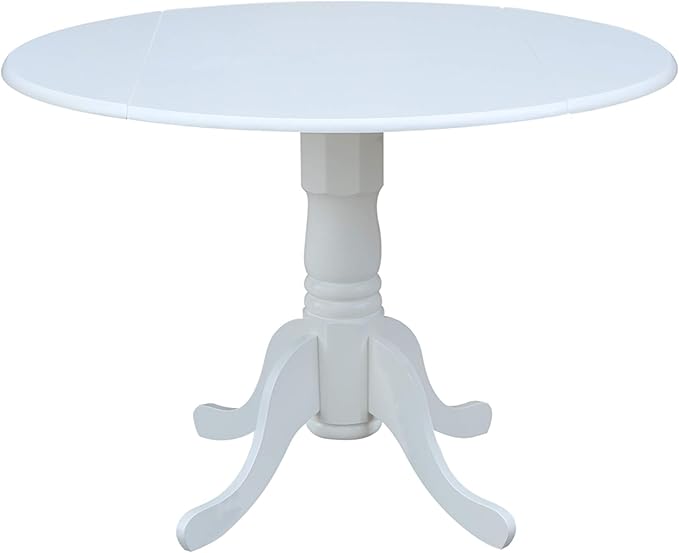 IC International Concepts, 42" Round Dual Drop Leaf Pedestal Dining Table, Solid Real Wood, Sturdy Parawood, White