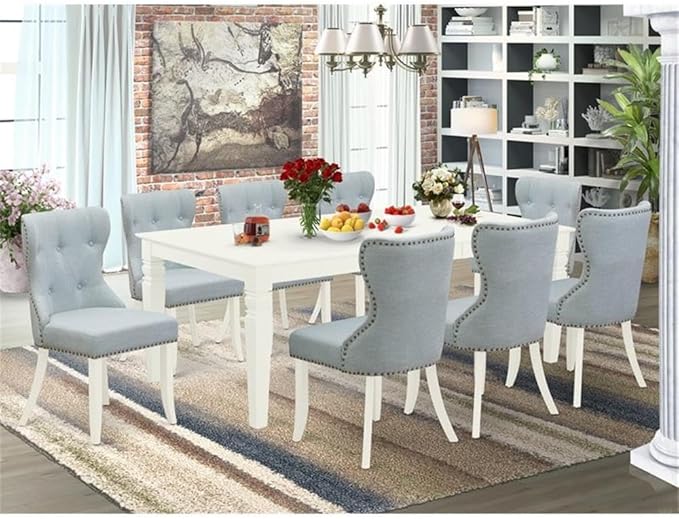East West Furniture LGSI9-LWH-15 9 Piece Kitchen Table Set Includes a Rectangle Dining Table with Butterfly Leaf and 8 Baby Blue Linen Fabric Parsons Dining Chairs, 42x84 Inch, Linen White