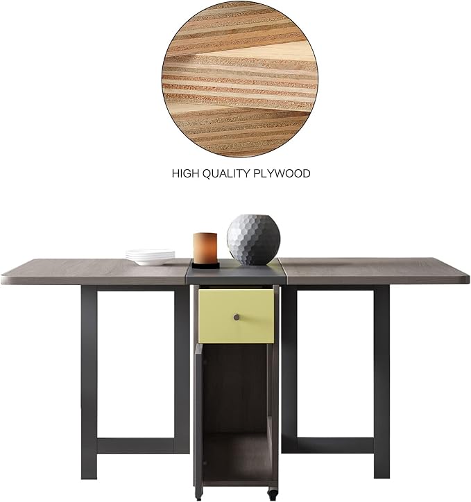 Folding Dining Table Set for 4, Foldable Kitchen Dinner Table and 2 Chairs Set, Extendable Space Saving Drop Leaf Table with Wheels and Storage