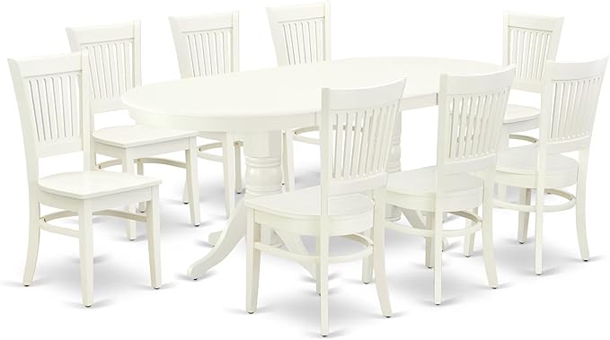 East West Furniture VAVA9-LWH-W 9 Piece Dining Room Table Set Includes an Oval Kitchen Table with Butterfly Leaf and 8 Dining Chairs, 40x76 Inch, Linen White