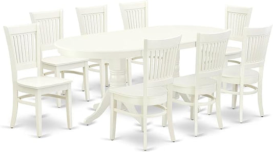 East West Furniture VAVA9-LWH-W 9 Piece Dining Room Table Set Includes an Oval Kitchen Table with Butterfly Leaf and 8 Dining Chairs, 40x76 Inch, Linen White