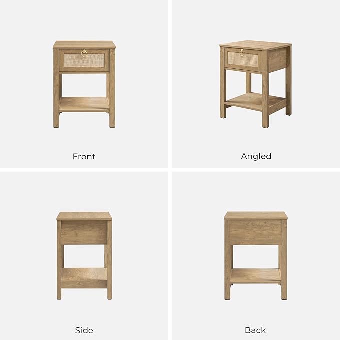 SICOTAS Rattan Nightstand Set of 2, Rattan Decor Drawer with Brass Knobs Night Stand Bedside Table Boho End Tables Side Tables with Storage Shelf for Bedroom,Small Space