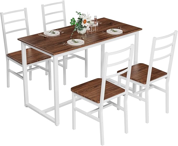 5-Piece Dining Table Set with 4 Chairs, 47.2" Kitchen Table Chairs Set of 4, Rectangular Industrial Style Dining Room Table Set with Backrest, Perfect for Small Space, Brown+White