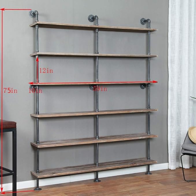 Industrial 6-Tiers Modern Ladder Shelf Bookcase,Solid Wood Storage Shelf,Display Shelving, Wall Mounted Wood Shelves, Pipe Wood Shelves Bookshelf Vintage Wrought Iron Finish (Gray)