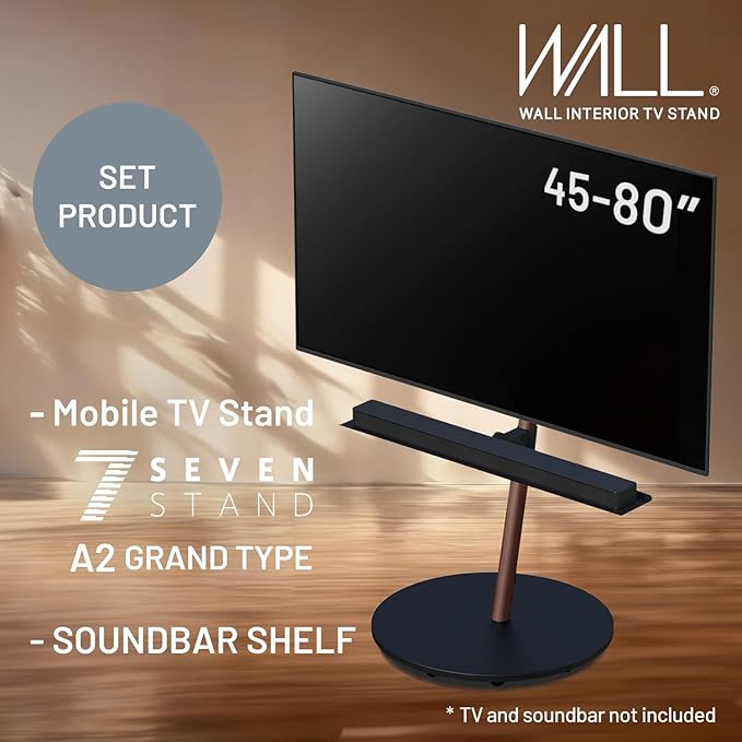 WALL Seven Stand A2 Grand | Rolling TV Stand for 45–80" w/ 37.4" Soundbar Shelf | Walnut | Portable TV Stand with Shelf | Height Adjustable, Space Saving, for Living Room, Bedroom and Office