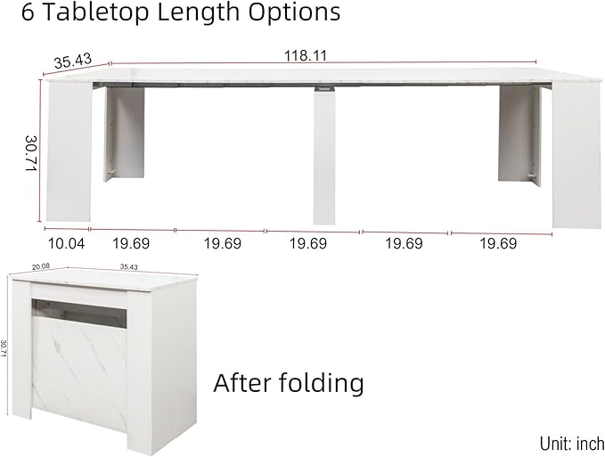 KEIKI 20-118.5"L Extendable Foldable Dining Room Table for 1-10 People, Wood Multifunctional Rectangle Expandable Console Kitchen Living Meeting Room Furniture, 6 Tabletop Length Options, Marble White