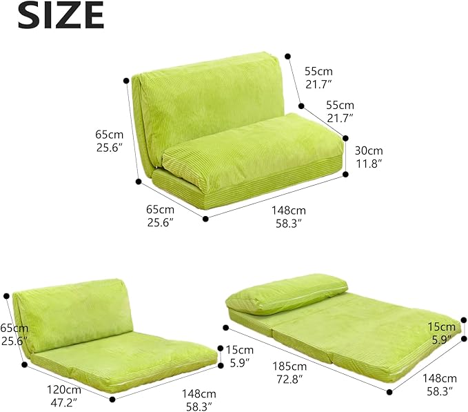 N&V L92×W58 Inch Large Folding Matress Sofa Bean Bag, Foam Filling Folding Matress Sofa, Includes Removable and Machine Washable Cover Patent No.: US D1,018,079 S (Lime, Large Corduoy), 94024