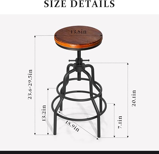 LOKKHAN Vintage Industrial Barstools - 13.8" Dia Round Wooden Brown Seat - Black Metal Base - Adjustable Height: 23.6"-29.5" / Minimalist Design/Raw Rustic Look/Rotating Top Bar Chairs, Set of 2