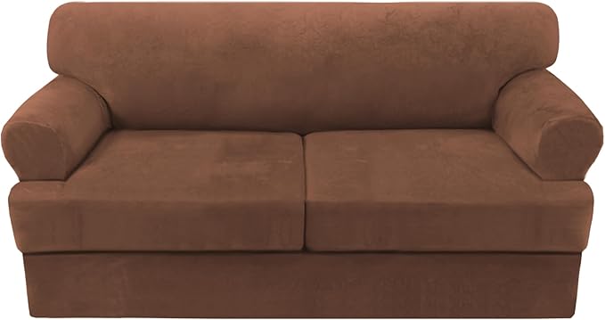 H.VERSAILTEX Sofa Cover 3 Piece T Cushion Loveseat Slipcovers Thick Velvet Couch Cover Stretch T Cushion Sofa Covers for 2 Cushion Couch with 2 Individual T Cushion Covers Washable, Caramel