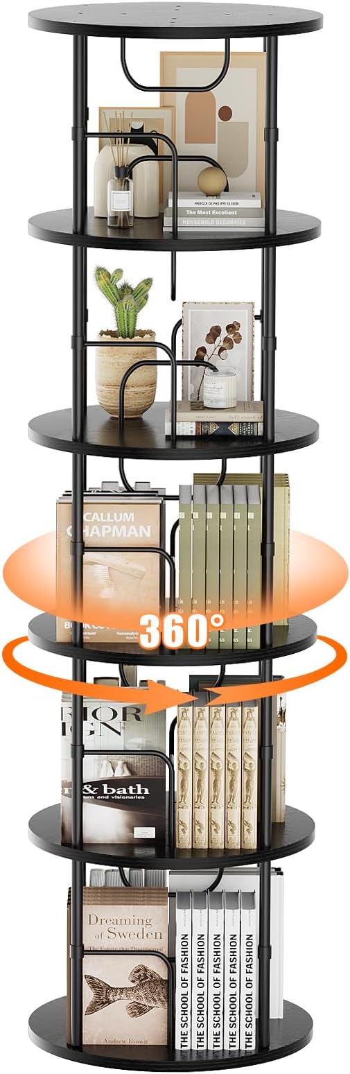 5 Tier Rotating Bookshelf, 360 ° Display Stackable Spinning Bookshelf Tower, Corner Bookshelf Tall Floor Standing Swivel Bookcase Narrow Storage Organizer for Bedroom, Living Room, Black