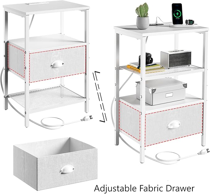 Sthmec Nightstands Set of 2, LED Bedside Tables with Charging Station and Fabric Drawer, Night Stand with Storage, 3 Tier Side Table with Open Shelf, LED Nightstand with Charging Station, White