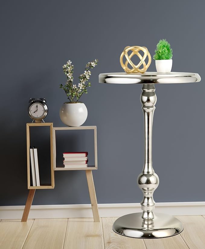 CLEENTABLE Pedestal Round Side Table- Lightweight Metal Table for Farmhouse,Indoor/Outdoor Nightstand for Living Room, Bedroom, Corners, Office - Modern Design, Easy Assembly 21" (Silver)