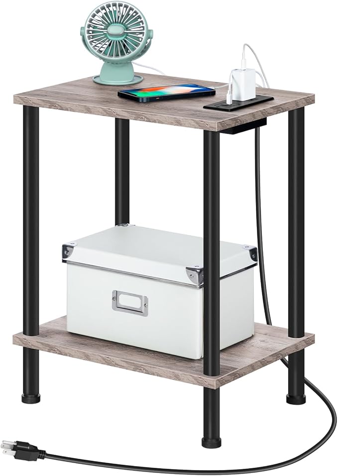 HOOBRO Side Table with Charging Station, Set of 2 End Tables with USB Port and Outlets, Nightstand with 2-Layer Storage Shelves for Small Spaces, Living Room, Bedroom, Greige and Black BG09UBZP201