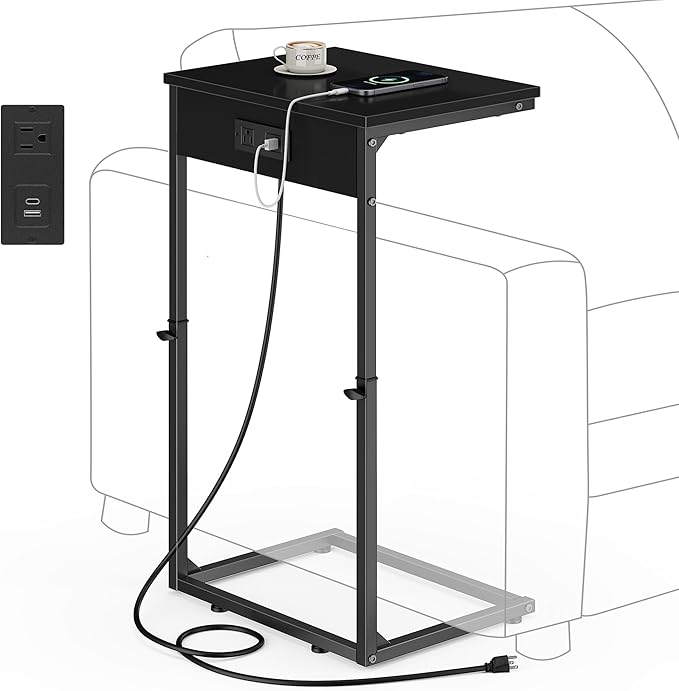 Vagusicc C Shaped End Table with Charging Station, Adjustable Height Side Table for Couch,Small Side Table Small Spaces, 33.2'' Tall Couch Tables that Slide Under, Tv Tray Table for Living Room, Black