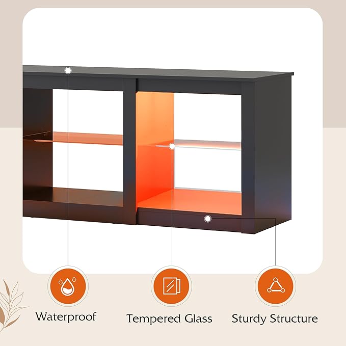 WLIVE LED TV Stand for 65 Inch TV, Modern Entertainment Center with Adjustable Glass Shelves & Customizable LED Lights, Sturdy Media Console for Living Room, Bedroom,Gaming (Black)