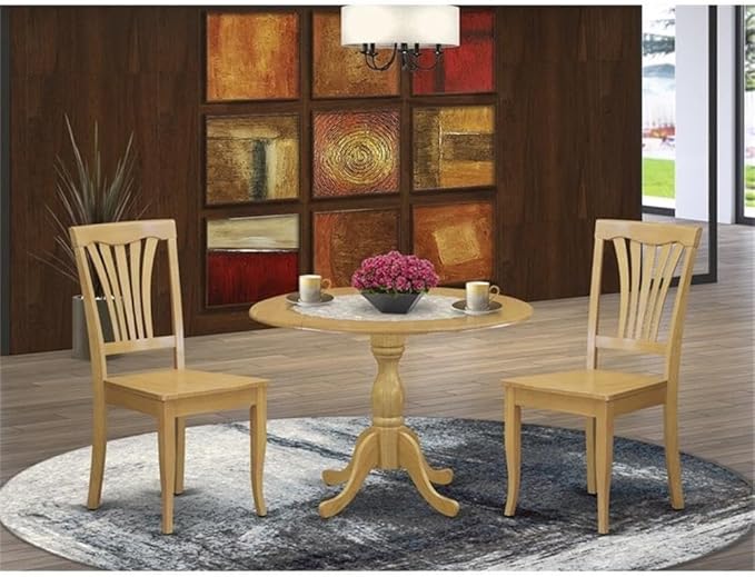 East West Furniture DMAV3-OAK-W 3 Piece Kitchen Table Set for Small Spaces Contains a Round Dining Room Table with Dropleaf and 2 Dining Chairs, 42x42 Inch, Oak