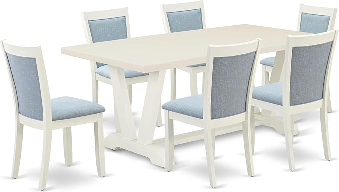 East West Furniture V027MZ015-7 7 Piece Dining Table Set Consist of a Rectangle Kitchen Table with V-Legs and 6 Baby Blue Linen Fabric Upholstered Chairs, 40x72 Inch, Multi-Color