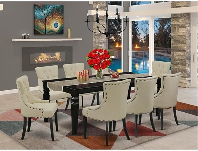 East West Furniture LGFR9-BLK-02 9 Piece Dining Room Set Includes a Rectangle Butterfly Leaf Kitchen Table and 8 Light Beige Linen Fabric Parsons Dining Chairs, 42x84 Inch, Black