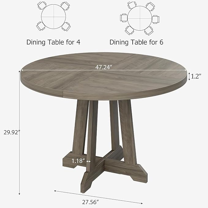 Dining Table for 4 to 6 People, 47 Inch Round Dining Table, Wooden Kitchen Table with Sturty Legs, Dining Room Table for Dining Room, Kitchen, Grey