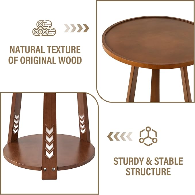 CozyDH Round End Table Living Room, Side Table with Lower Shelf Bedroom, Solid Rubberwood Night Stand with Storage Space, Sofa Couch Table Walnut