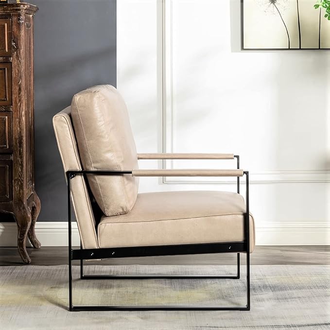 Container Furniture Classic Mid Century Modern Accent Chair with Durable Square Metal Frame, Armchair for Living Room, Bedroom, Home Office in Spotted Microfiber Upholstery, Light Camel
