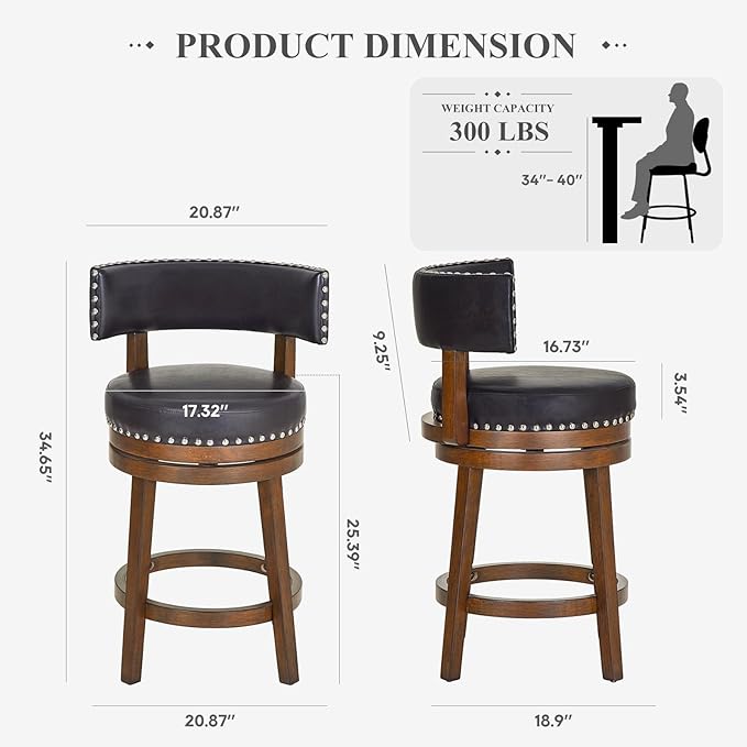 COLAMY Swivel Bar Stools Set of 4, 25 Inch Wood Swivel Barstools with Back, Counter Height Bar Stools, Modern Upholstered Barstools for Kitchen Island Dining Room Bar, Dark Brown