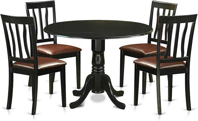 East West Furniture DLAN5-BLK-LC 5 Piece Dining Table Set for 4 Includes a Round Kitchen Table with Dropleaf and 4 Faux Leather Dining Room Chairs, 42x42 Inch, Black