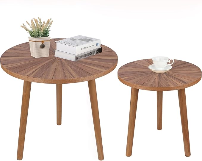 Round Coffee Table Set of 2, Mid Century Modern Coffee Table, Small Farmhouse Coffee Table, Wood Nightstand Bedside Table, Boho Side Table End Tables for Living Room Bedroom Office Balcony