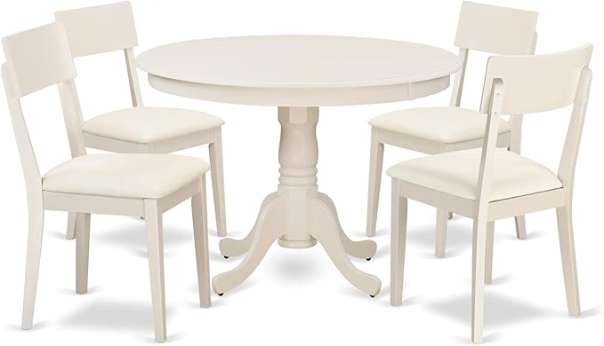 East West Furniture HLAD5-LWH-LC 5 Piece Dinette Set for 4 Includes a Round Dining Table with Pedestal and 4 Faux Leather Dining Room Chairs, 42x42 Inch, Linen White
