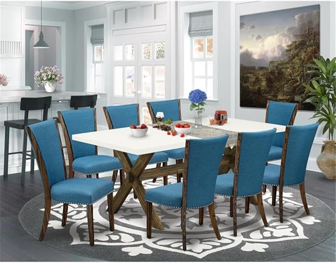 East West Furniture X727VE721-9 9 Piece Kitchen Table Set Includes a Rectangle Dining Table with X-Legs and 8 Blue Color Linen Fabric Parson Dining Chairs, 40x72 Inch, Multi-Color