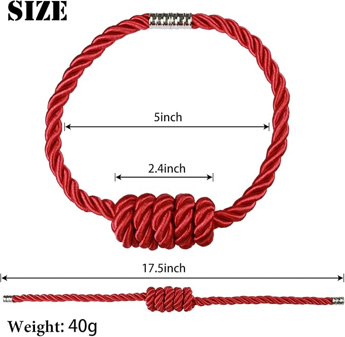 BEL AVENIR Magnetic Curtain Tiebacks, Decorative Drapery Holdbacks Modern Woven Tie-Backs with Exquisite Knot (Red, 2 Pack)