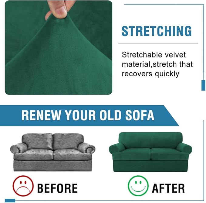 H.VERSAILTEX Sofa Cover 3 Piece T Cushion Loveseat Slipcovers Thick Velvet Couch Cover Stretch T Cushion Sofa Covers for 2 Cushion Couch with 2 Individual T Cushion Covers, Vintage Green