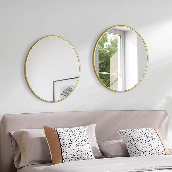 Circular Mirror Gold Round Mirror 18 Inch Round Bathroom Mirror Wall Mirrors Brushed Metal Frame Anti-Rust Tempered Glass for Bathroom Bedroom Entryway Living Room