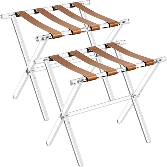 Sumerflos Acrylic Luggage Rack for Guest Room - Foldable Suitcase Stand with Leather Straps for Bedroom Living Room Hotel Heavy-Duty, Holds up to 50-100 lb lightweight Space Saving (Brown & Handle - 2 Pcs)