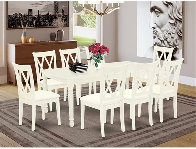 East West Furniture DOCL9-LWH-C 9 Piece Dining Table Set Includes a Rectangle Wooden Table with Butterfly Leaf and 8 Linen Fabric Dining Room Chairs, 42x78 Inch, Linen White