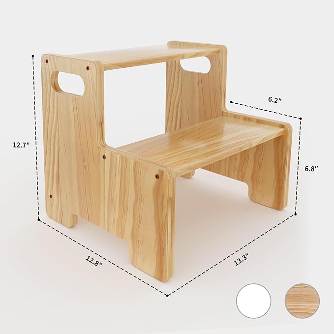 Wooden Step Stool for Kids/Adults,Supports 300 lbs Kids Toddler Stepping Stool for Toilet/Kitchen/Bed,White 2 Packs