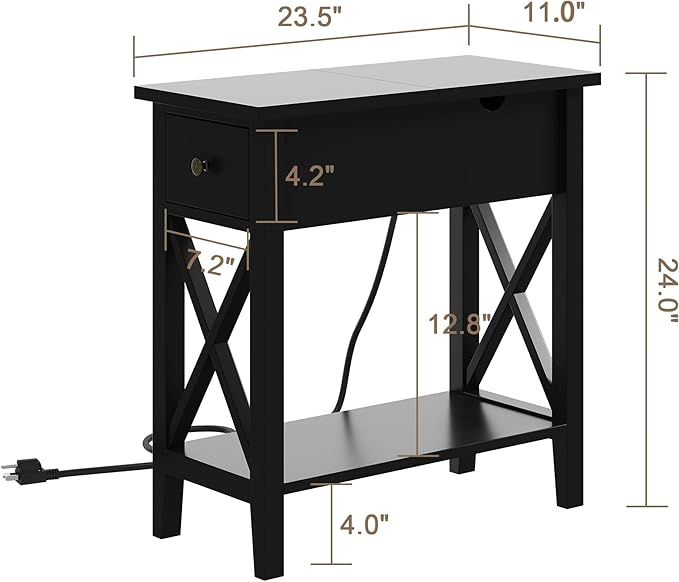 ChooChoo End Table Set of 2 with Charging Station, Narrow End Table with USB Ports and Outlets, Small Side Table Nightstand with Drawer for Living Room, Bedroom, Black