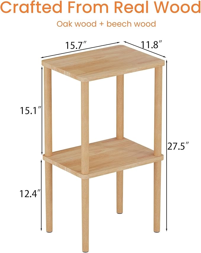 Solid Wood Side Table, 2-Tier Small End Table with Storage Shelf, Tall Nightstand Bedside Table for Bedroom, Living Room, Kids Room & Small Spaces. No-Tool Assembly.