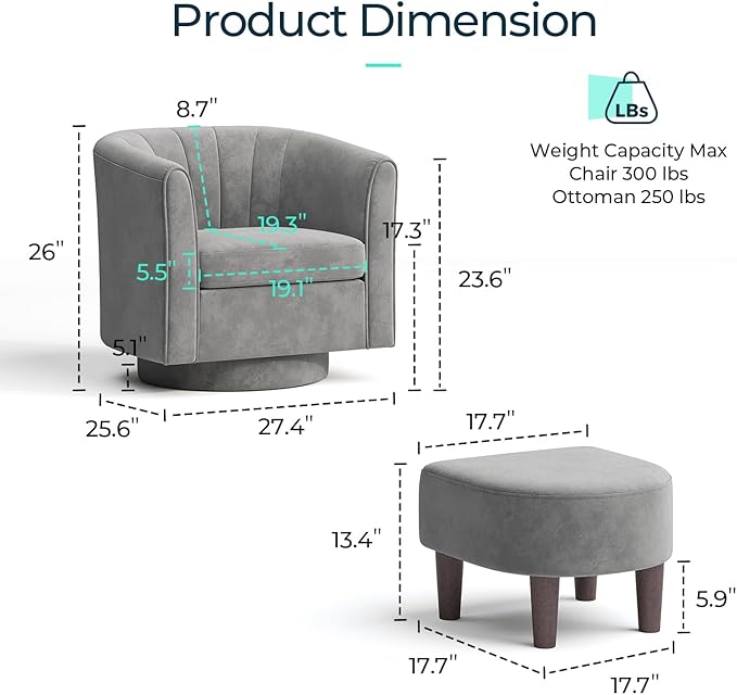 LINSY Swivel Accent Chair with Ottoman: Small Velvet Barrel Chair 360 Swivel Modern Armchair, Upholstered Reading Chair with Footrest for Living Room Bedroom Study Room (Grey)