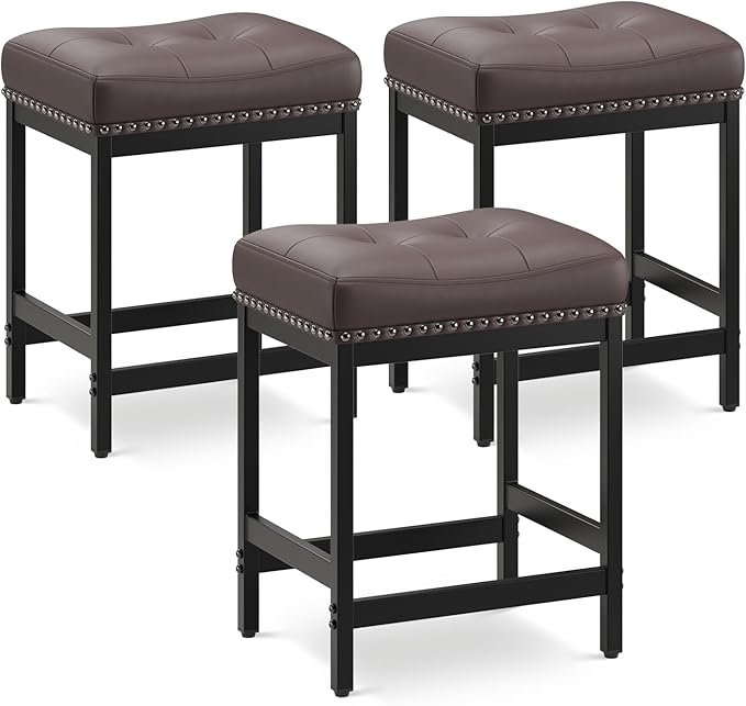 MALOL Set of 3 Saddle Bar Stools Counter Height 24.4”, Brown Backless Barstools for Kitchen Island, Modern PU Leather Cushioned Seat, Bar Chairs for Kitchen Counter, Breakfast Bar Stools for Home