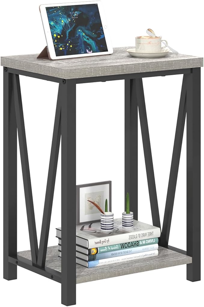 FOLUBAN End Table, Rustic Wood and Metal Side Table with Storage, Modern NightStand for Living Room Bedroom, Small Spaces, Light Grey