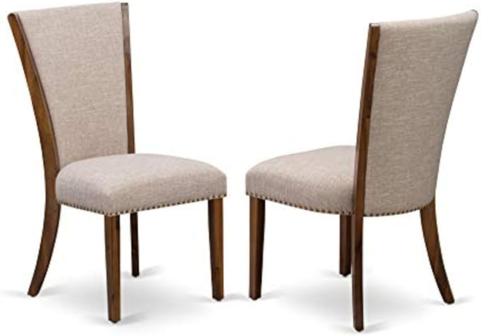 East West Furniture VEP8T04 Verona Parsons Dining Chairs - Nailhead Trim Light Tan Linen Fabric Upholstered Chairs, Set of 2, Walnut