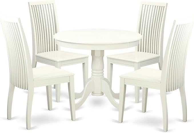 East West Furniture ANIP5-LWH-W 5 Piece Modern Dining Table Set Includes a Round Kitchen Table with Pedestal and 4 Dining Room Chairs, 36x36 Inch, Linen White
