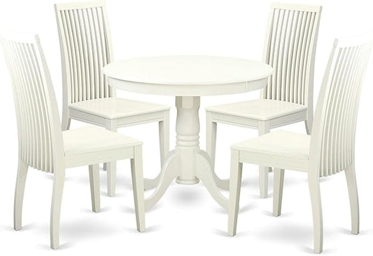 East West Furniture ANIP5-LWH-W 5 Piece Modern Dining Table Set Includes a Round Kitchen Table with Pedestal and 4 Dining Room Chairs, 36x36 Inch, Linen White