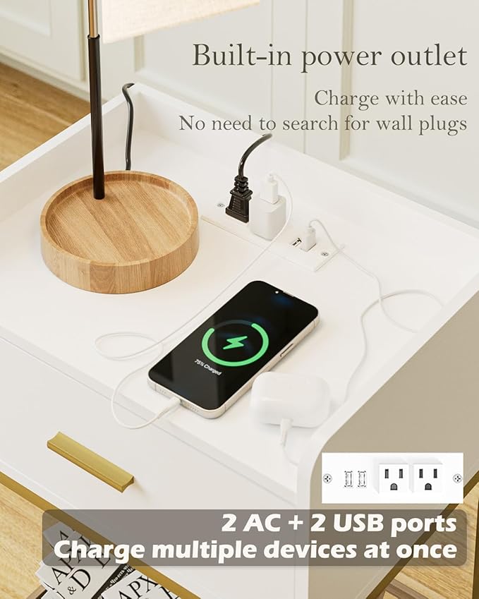 Nightstand with Charging Station,3-Tier Bedside Table for Small Space,Modern Night Stand with Storage Drawer and Shelf,Small Side Table for Bedroom,Living Room,White