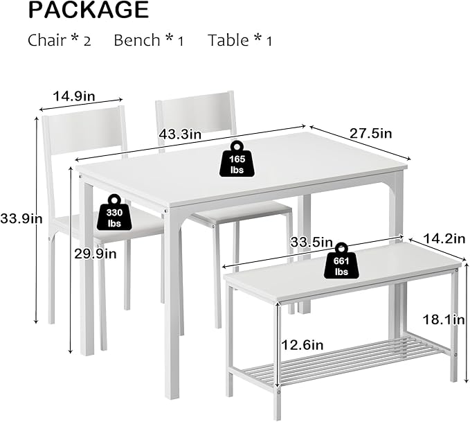 soges 4-Piece Dining Table Set with Bench - 4 Person Kitchen Table and 2 Chairs for Small Spaces, Apartment - Metal Frame & Woodgrain Tabletop, Space-Saving Design, Durable & Easy to Clean, White